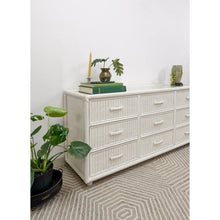 Load image into Gallery viewer, Vintage White Wicker 9 Drawer Dresser with Glass Top Coastal Bedroom Storage
