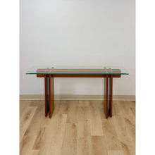 Load image into Gallery viewer, Vintage MCM Danish Teak Puzzle Console Table Glass Top Mid Century Entry Table
