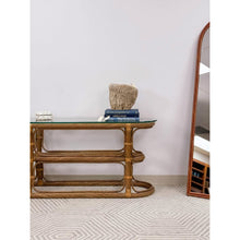 Load image into Gallery viewer, Vintage Coastal Curved Twisted Pencil Reed Console Table W/ Thick Glass Oval Top
