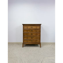 Load image into Gallery viewer, Dixie MCM Tallboy Dresser Woven Drawer Fronts Brass Pulls Vintage Furniture
