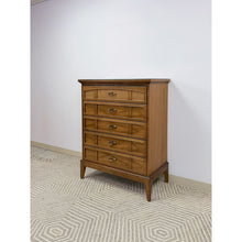 Load image into Gallery viewer, Dixie MCM Tallboy Dresser Woven Drawer Fronts Brass Pulls Vintage Furniture
