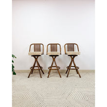 Load image into Gallery viewer, 3 Vintage Coastal Bamboo Barstools Dark Rattan w/ Beige Cushions and Caned Back
