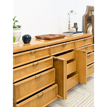 Load image into Gallery viewer, Broyhill Dresser with Burlwood Inlay 12-Drawer Vintage MCM Dresser Brass Handles
