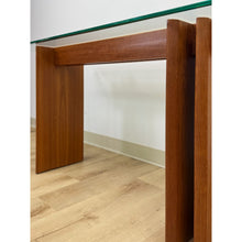 Load image into Gallery viewer, Vintage MCM Danish Teak Puzzle Console Table Glass Top Mid Century Entry Table
