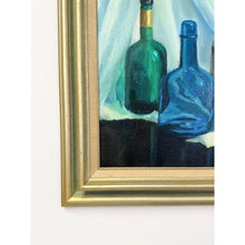 Load image into Gallery viewer, Vintage Original Oil Painting Still Life Bottles Jugs, Framed Art, Canvas, Blue
