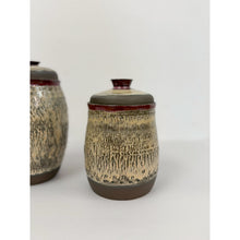 Load image into Gallery viewer, Studio Pottery Speckled Brown Jar Pair Red Detail Lids Vintage MCM
