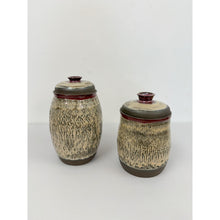 Load image into Gallery viewer, Studio Pottery Speckled Brown Jar Pair Red Detail Lids Vintage MCM
