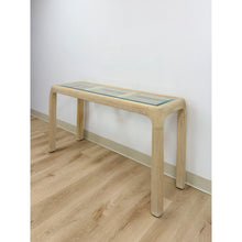 Load image into Gallery viewer, Vintage Console Table Lightwash Pencil Reed Glass Top Coastal Boho MCM Regency
