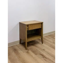 Load image into Gallery viewer, Mid Century Nightstand Single Drawer Open Cubby Gray Wood Tone Tapered Leg
