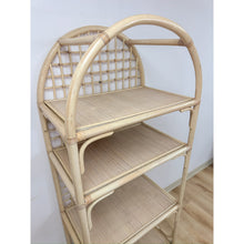 Load image into Gallery viewer, Vintage Arched Blonde Rattan Lattice Etagere Coastal Boho Hollywood Regency
