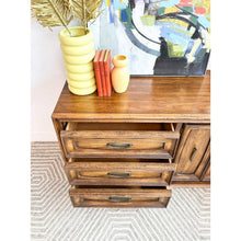 Load image into Gallery viewer, Vintage MCM 9 Drawer Lowboy Dresser Brown with Metal Pulls Coastal Mid Century
