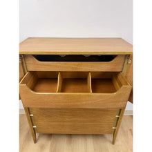Load image into Gallery viewer, Mid Century Tallboy Dresser MCM Five Drawer Brass Accent Warm Gray Tone Wood
