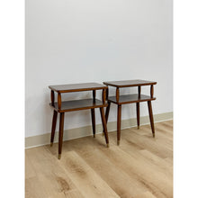 Load image into Gallery viewer, Vintage End Tables MCM Atomic Two-Tier Wood Laminate Pair Retro Accent
