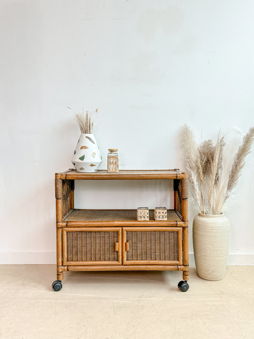 Rattan Rolling Bar Cart