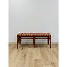Load image into Gallery viewer, Vintage Bench Woven Leather Wood Two Seater Rustic MCM Entryway Accent Seat
