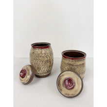 Load image into Gallery viewer, Studio Pottery Speckled Brown Jar Pair Red Detail Lids Vintage MCM
