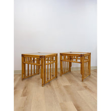 Load image into Gallery viewer, Vintage Rattan End Table Pair Arched Inlay Glass Top Coastal Boho MCM
