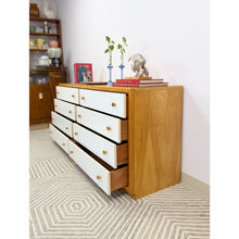 Load image into Gallery viewer, Dixie MCM 8-Drawer Natural Wood Dresser White Fronts Vintage 64" Wide
