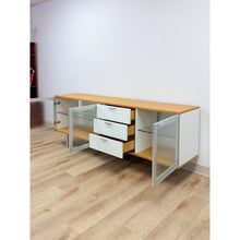 Load image into Gallery viewer, Modern MCM Wood Glass Metal Sideboard Credenza White Natural Frosted Glass

