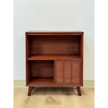 Load image into Gallery viewer, Vintage Handmade MCM Style End Table, Red Stained Wood Sliding Doors, Book Case
