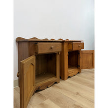 Load image into Gallery viewer, Pair of Rustic Pine Nightstands Drawer Arched Cabinet Door Scalloped European
