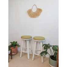 Load image into Gallery viewer, Pair of Vintage Creme Rattan Barstools Retro Upholstered Green Top Swivel Seats
