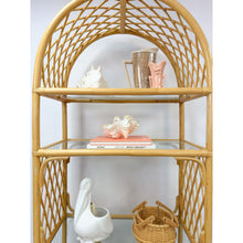 Load image into Gallery viewer, Vintage Arched Rattan Wicker Bamboo Shelf Hollywood Regency Coastal 5 shelves
