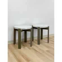 Load image into Gallery viewer, Vintage Round End Tables Beige Marble Top Gray Metal Base Pair Modern Accent
