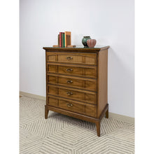 Load image into Gallery viewer, Dixie MCM Tallboy Dresser Woven Drawer Fronts Brass Pulls Vintage Furniture
