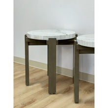 Load image into Gallery viewer, Vintage Round End Tables Beige Marble Top Gray Metal Base Pair Modern Accent
