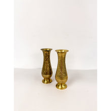 Load image into Gallery viewer, Pair of Vintage Hand Etched Brass Flower Vase Hollywood Regency Vessels MCM
