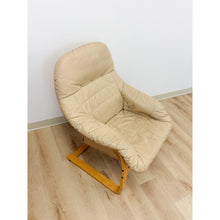 Load image into Gallery viewer, Danish Made Tan Leather Cantilever Armchair Vintage MCM Natural Wood Accent
