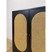 Load image into Gallery viewer, Bobby Berk Modern Black Tallboy Cabinet, Beige Oval Cane Inlay MCM Style
