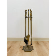 Load image into Gallery viewer, Vintage Brass Fireplace Tool Set 4 Piece Stand Broom Poker Tong Rustic Farmhouse
