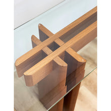 Load image into Gallery viewer, Vintage MCM Danish Teak Puzzle Console Table Glass Top Mid Century Entry Table
