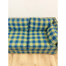 Load image into Gallery viewer, Vintage MCM Retro Plaid Sofa in Electric Blue and Green with Nailhead Trim
