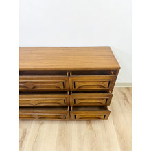 Load image into Gallery viewer, Vintage MCM Nine Drawer Dresser with Bowtie Inlay Retro Walnut Bedroom Storage
