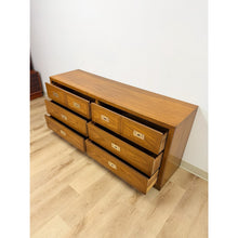 Load image into Gallery viewer, Vintage MCM Dixie Act 2 Campaign Style Dresser Brass Pulls Warm Wood Tone Lowboy
