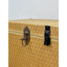 Load image into Gallery viewer, Vintage Blonde Woven Wicker Chest, Brass Clamp Hardware Storage, Coastal Trunk

