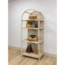Load image into Gallery viewer, Vintage Arched Blonde Rattan Lattice Etagere Coastal Boho Hollywood Regency
