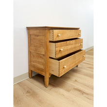 Load image into Gallery viewer, Primitive Scrubbed Pine Three Drawer Dresser Dovetail Porcelain Knobs Vintage
