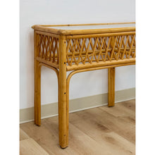 Load image into Gallery viewer, Vintage Coastal Wicker Rattan Console Table Woven Lattice Glass Top Beige Boho
