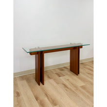 Load image into Gallery viewer, Vintage MCM Danish Teak Puzzle Console Table Glass Top Mid Century Entry Table
