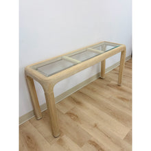 Load image into Gallery viewer, Vintage Console Table Lightwash Pencil Reed Glass Top Coastal Boho MCM Regency
