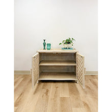Load image into Gallery viewer, Vintage Cream Rattan Lattice Cabinet Coastal Tropical Hollywood Regency
