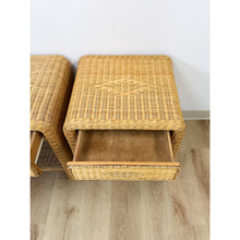 Load image into Gallery viewer, Pair of Vintage Wicker Arched Nightstands Coastal Regency Bedside Tables
