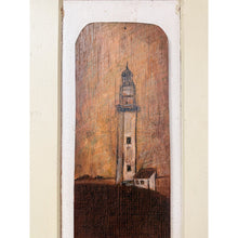 Load image into Gallery viewer, Vintage Painting Lighthouse Folk Art On Tan Wooden Frame Coastal Nautical
