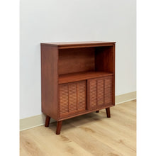 Load image into Gallery viewer, Vintage Handmade MCM Style End Table, Red Stained Wood Sliding Doors, Book Case
