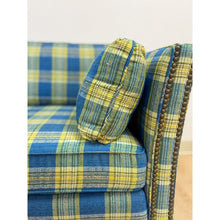 Load image into Gallery viewer, Vintage MCM Retro Plaid Sofa in Electric Blue and Green with Nailhead Trim

