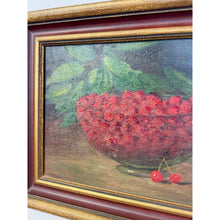 Load image into Gallery viewer, Antique Oil Painting Still Life Bowl of Cherries, Gold Frame Art, Green Accents
